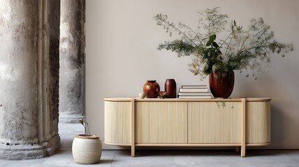 Poster - Beige wooden sideboard in front of a wall in a minimalistic interior design composition