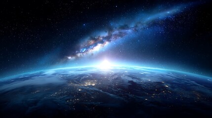 Aufkleber - Blue space background with earth and galaxy, abstract wallpaper with planetary glow, science and education in outer space