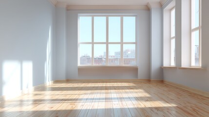 Aufkleber - Bright and open empty room with large window and wooden floor in modern interior design style