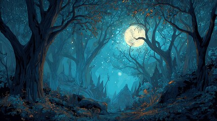 Aufkleber - Bright moon over magical dark fairy tale forest