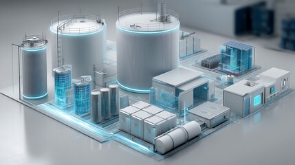 Aufkleber - Concept of energy storage system, renewable energy - photovoltaics, wind turbines and li-ion battery container in morning fresh nature, 3d rendering