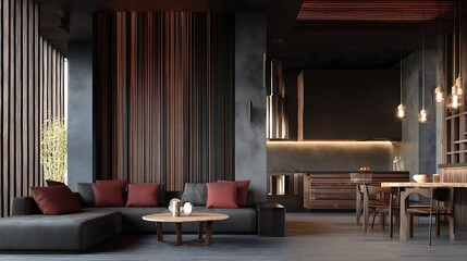 Aufkleber - Contemporary interior design with dark walls and vertical slats panel