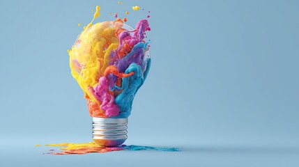 Aufkleber - Creative concept light bulb explodes with colorful water colors on a light blue background, think different, creative idea, productivity and creativity