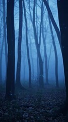 Wall Mural - vertical video blue glowing fireflies flying in scary foggy woods