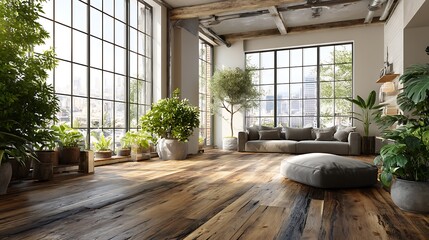 Aufkleber - Empty room of modern contemporary loft with plants on wooden floor