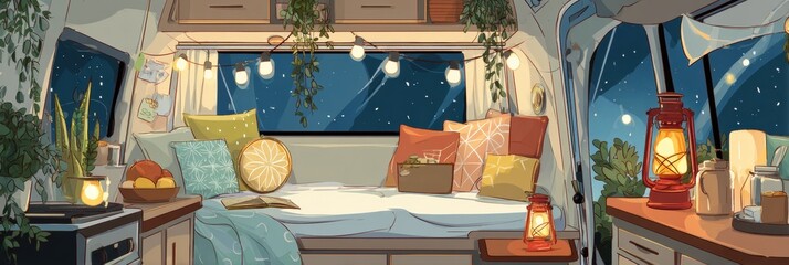 Leinwandbilder - Cozy Camper Interior Illuminated by Lantern Light With a View of the Starry Night Sky and Decorative Pillows