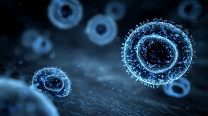 Poster - Macro close up shot of blue bacteria and virus cells in a scientific laboratory, pseudomonas aeruginosa bacteria rod-shaped bacteria, pathogenic microflora, probiotics