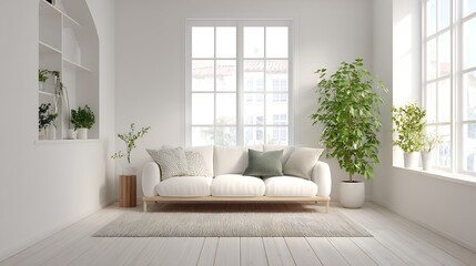 Poster - Scandinavian minimalistic home light white interior with green plant