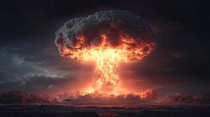 Fototapete - Scary big nuclear explosion with a mushroom cloud and fire in the dark, atomic weapons and the apocalypse, world war 3