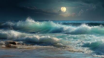 Poster - Seascape night fantasy of beautiful waves with full moon