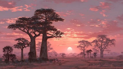Poster - Sunset in the savannah with baobab trees, illustration for wallpapers, backgrounds, covers and other projects