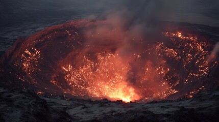 Aufkleber - The crater is erupting, smoke, lava, apocalyptic volcanic landscape with hot flowing lava and smoke and ash clouds