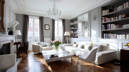 Poster - The living room is modern and has parquet flooring with chic furniture
