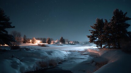 Poster - Winter night landscape, snowy forest and fir branches