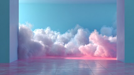 Poster - A beautiful light blue background with white smoke trailing across the floor with pink lighting, abstract background for presentation