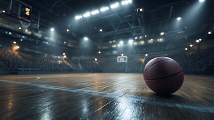 Aufkleber - A basketball court with a ball in motion and stadium lights
