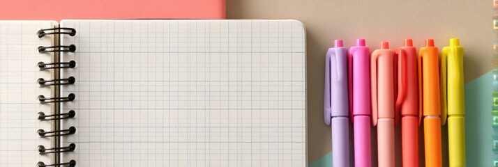 Poster - Notebook Planning With Colored Markers on a Clean Surface Ready for Creative Ideas and Organization at Home or in an Office Setting