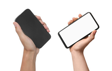 people holding smartphones with blank screens on white background, closeup. mockup for design