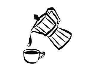 Aufkleber - Coffee set in hand drawn doodle style. Retro whimsical symbols for cafeteria menu and business breakfast invitation. Trendy and cute art for social media. La dolce vita contour vector illustration
