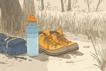 Aufkleber - Summer Hiking Equipment Featuring Boots and Water Bottle by Hiking Trail at Sunset