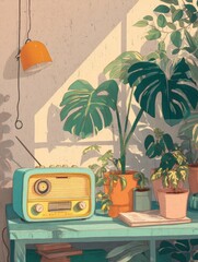 Aufkleber - Relaxed Lifestyle With Vintage Radio and Lush Houseplants Creating a Cozy Indoor Atmosphere