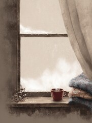 Poster - Cozy Window View With Steaming Hot Chocolate and Warm Blanket on a Snowy Winter Day