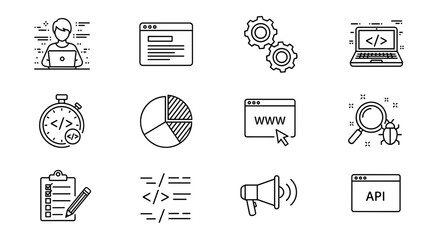 Outline icons depicting software development, including coding, website, and api elements, in a grid layout on transparent background