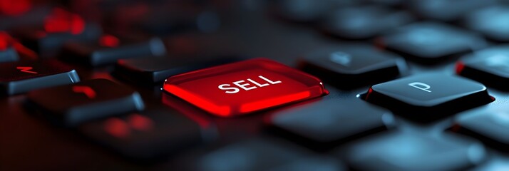 illuminated red sell button on a dark keyboard close up digital business concept