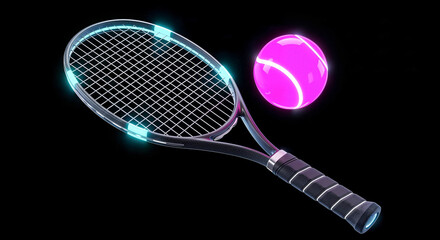 Poster - Futuristic tennis racket striking glowing pink ball on black background