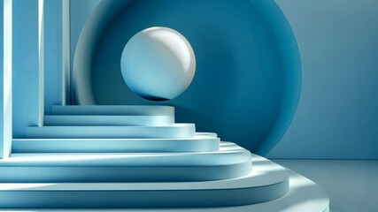 Wall Mural - abstract blue minimalist scene with sphere and stairs