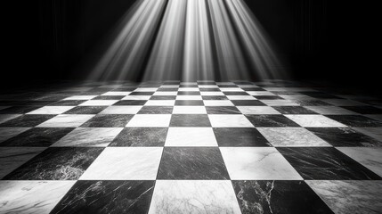 Wall Mural - checkerboard floor illuminated by dramatic spotlight.