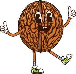 Leinwandbilder - Cartoon groovy walnut nut character with funny face, vector comic emoji. Groovy walnut nut with happy smile and funky thumb up gesture for comic emoji or legume or seed food cartoon character