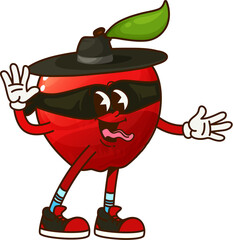 Aufkleber - Cartoon groovy red apple fruit cowboy, sheriff, ranger and bandit character smiling with sticking tongue. Vector playful hippie fruit personage in wide black hat with leaf, mask and vintage sneakers