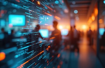 blurred abstract office scene with digital data interaction. modern workspace aesthetics capture tec