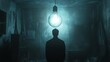 © dewpra - Shadowed figure under glowing bulb, contemplating darkness and enlightenment
