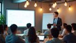 © Vadym - Asian business presentation in modern office with audience listening to speaker. Whiteboard, laptop showing PowerPoint content. Team training, seminar, meeting, collaboration, education, workshop.