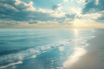 Poster - Cloud reflections create a serene landscape on the calm ocean surface during a tranquil afternoon at the beach