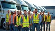 © Vadym - Diverse team truck drivers stand front fleet semi-trucks. Wearing reflective vests smile. Modern logistics warehouse background. Represents professional career, transportation industry, road safety.