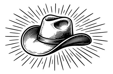 Wall Mural - engraved cowboy hat with rays, western style hat isolated on white background
