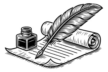 Wall Mural - illustration of quill pen inkwell and scroll on paper in detailed line art drawing