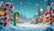 © Vadym - Christmas winter wonderland landscape with Whoville backdrop. Candy canes stand on snowy ground. Houses covered in snow. Festive lights. Whoville style digital illustration of Christmas season,