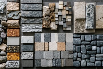 Aufkleber - Variety of stone and tile samples displayed on a table in a design studio showcasing textures and colors for interior design projects