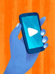 Hand holding smartphone with play button on screen in blue color