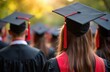© Vadym - Graduation ceremony with graduates in black gowns wearing mortarboards with red tassels. Higher education achievement with celebrating students, academic success, graduation day event.