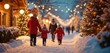 © Vadym - Family strolls along snowy winter street with lights, creating warm, joyful holiday atmosphere. Christmas trees, festive decorations, and bokeh add magic to winter scene. Focus on family unity.