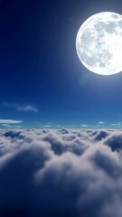 Wall Mural - vertical video flying over the infinite clouds with the night moon shining. beautiful moon in the sk