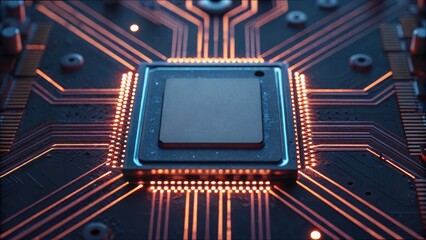 Poster - Detailed Close-Up of Motherboard Chip with Electromagnetic Connections