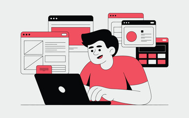 a smiling man programming at his laptop with open web browser windows and app interface elements