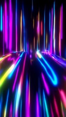 Wall Mural - vertical video vibrant neon lines traveling through a dark void, glitch effects and glowing trails, 