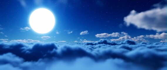 Wall Mural - Anamorphic video Flying Over the Infinite Clouds with the Night Moon Shining. Beautiful Moon in the Skies